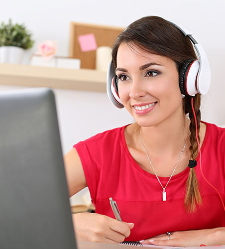 Conferencing support woman sitting at her computer